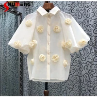 short sleeve button up shirt womens 3d rose flower chic 2022 summer new blouse puff sleeve loose solid color ladies top