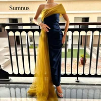 Sumnus Navy Blue Mermaid Evening Dresses With Cape Strapless Pleats Satin Ankle Length Formal Evening Gowns Robe de Soiree 2023