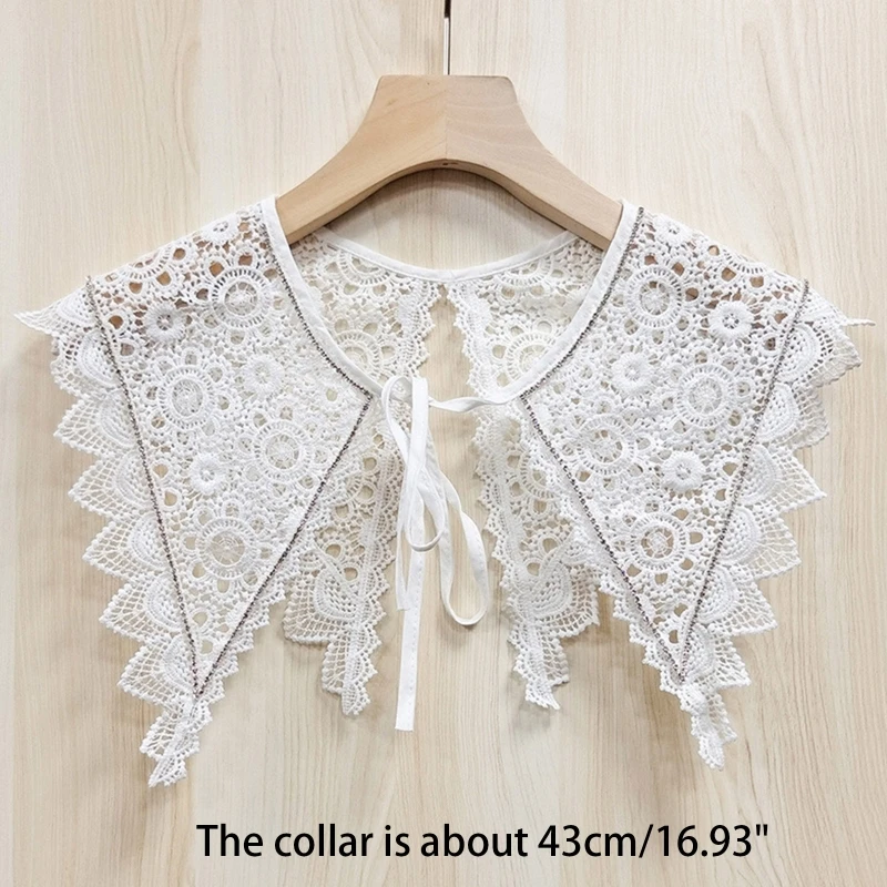 

R3MC Women Lace-Up Fake Collar Shawl Hollow Crochet Floral Lace Rhinestone Cape Scarf