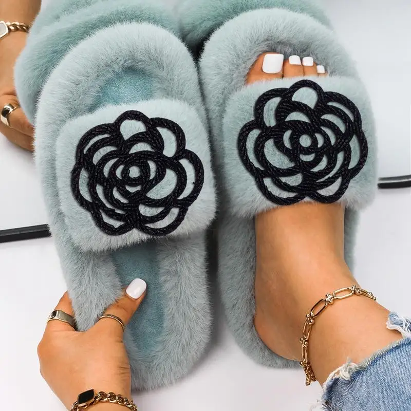 Slippers Women Winter Faux Fur Shoes Women Slides Plush Home Slippers Black Hollow Flowers Indoor House Warm Fur Flats