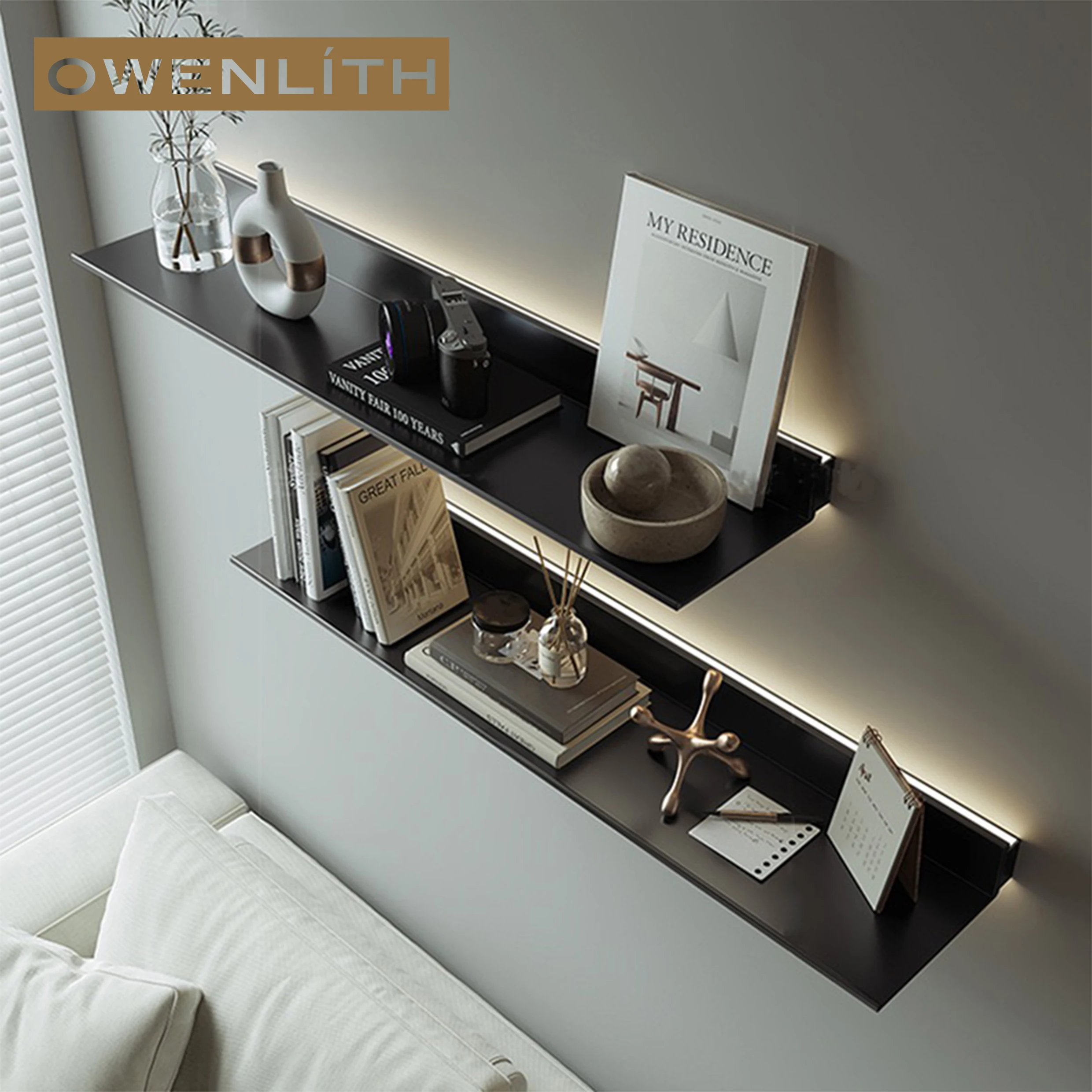

LED Aluminum Alloy Wall Shelf Floating Storage Shelves Built in LED Bookshelf Bracket Free Shipping
