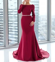elegant burgundy formal evening dress 2022 long sleeve backless beads soft satin prom party gowns robe de soiree vestidos festa