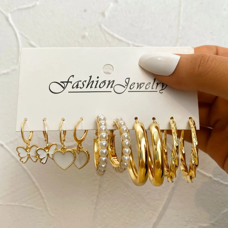 

Boho Vintage Gold Color Geometric Earrings Set Women Fashion Pearl Circle Hoop Earrings Trend Bohemia Female Jewelry Gifts