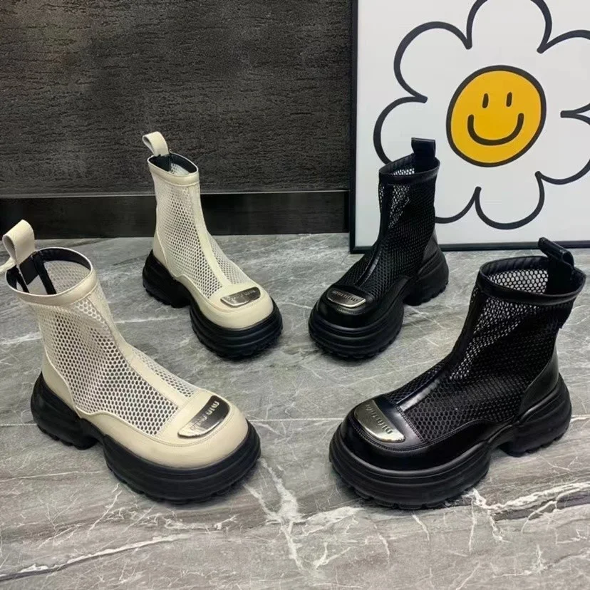 

Metal Short Calf Boots Thick Soled Martin Boots Summer Mesh Women's Breathable Thin Hollow Cool Versatile Casual Increase sandal