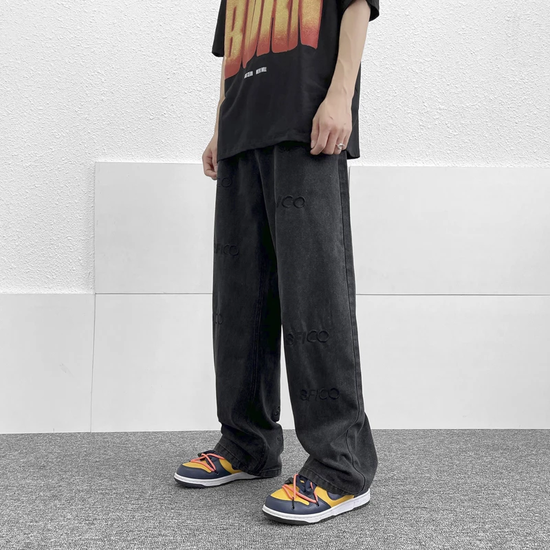 European and American Embroidered Alphabet Jeans Men's Loose Casual Straight Pants High Street Pants Streetwear Ins Hot Sale