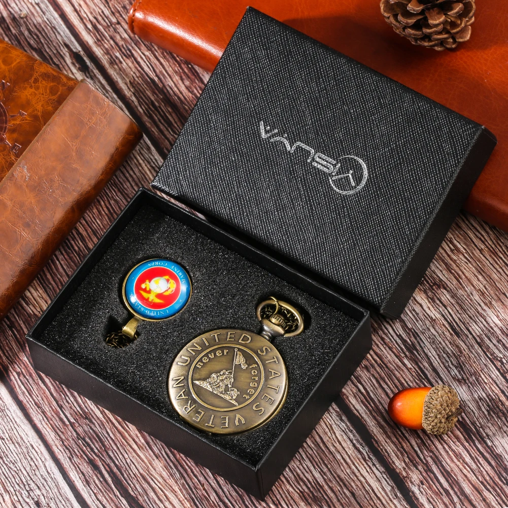 Bronze Quartz Pocket Watch Necklace Marine Corps Logo Souvenir Gift Set for Men Pocket Watch Red Pedent Chain Clock with Box