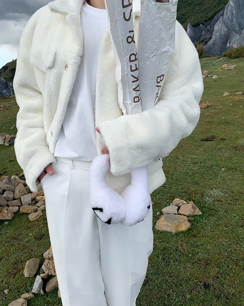 

Корейская куртка из искусственного меха для мужчин, красивая белая куртка с отложным воротником из искусственного меха, толстая зимняя теплая пушистая Искусственная верхняя одежда