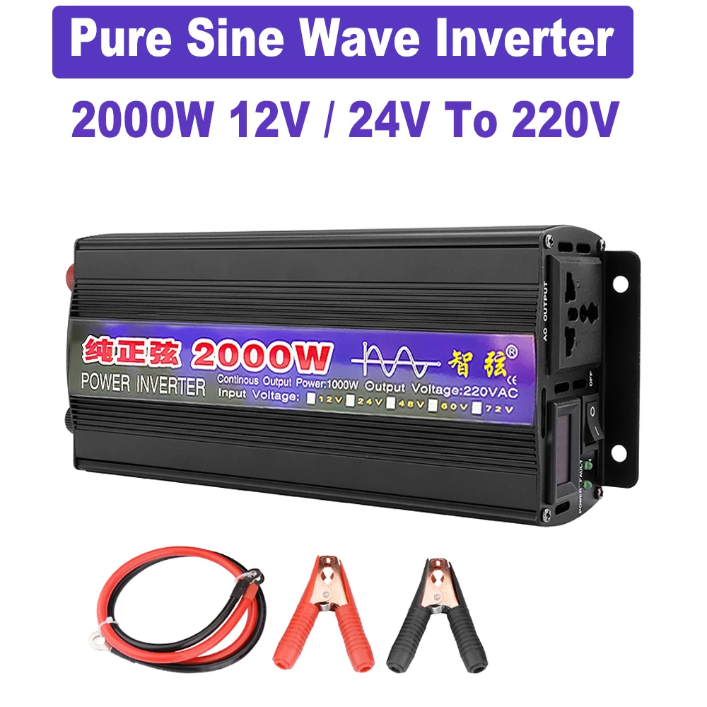 

2000W Pure Sine Wave Inverter DC 12V 24V To AC 220V 50Hz 60Hz Continuous Power 1000W Solar Energy Converters Voltage Transformer