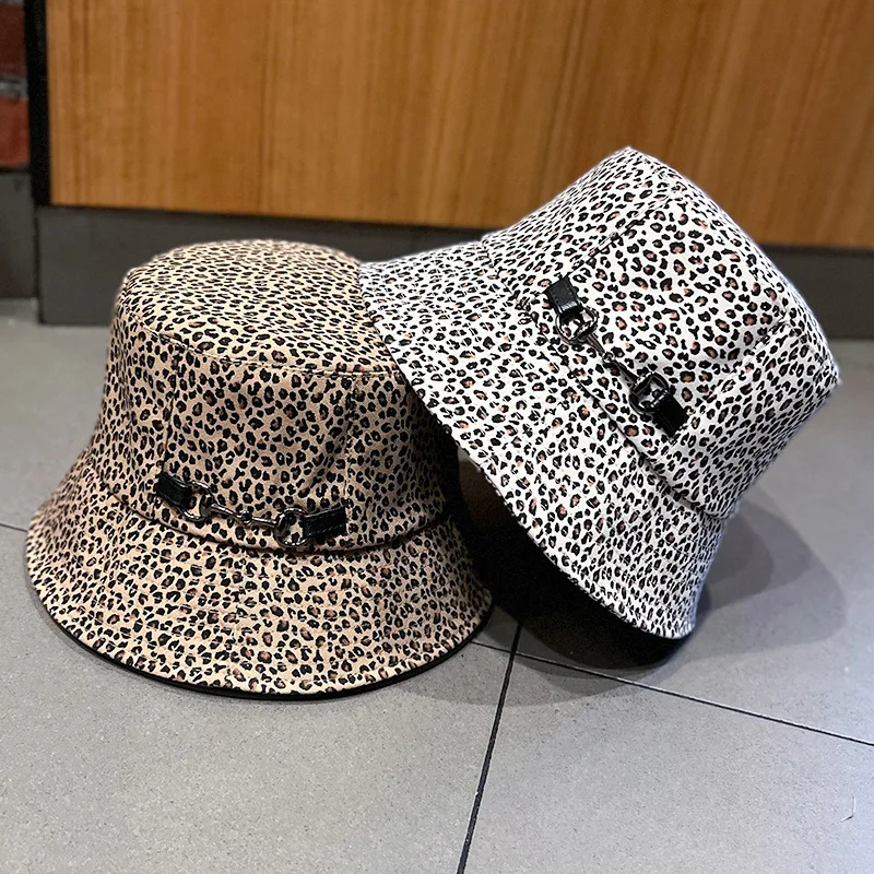 

Spring Summer Leopard Panama Hat For Women With Metal Buckle Bucket Hats Cotton UV Protection Bob Sun Hat Fisherman Hats