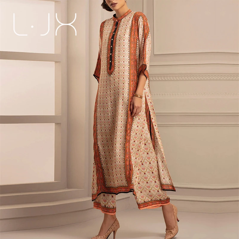 

LJX Autumn And Winter New Women's Dresses European And AmericanPrinted Slit Long Skirts Middle East And South Africa Robes