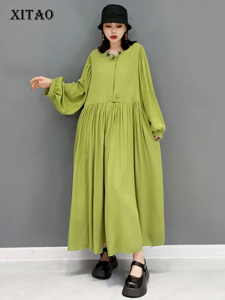 

XITAO Solid Color Pleated Dresses Fashion Casual Large Size Loose Long Temperament Simplicity Minority New Women GWJ3218