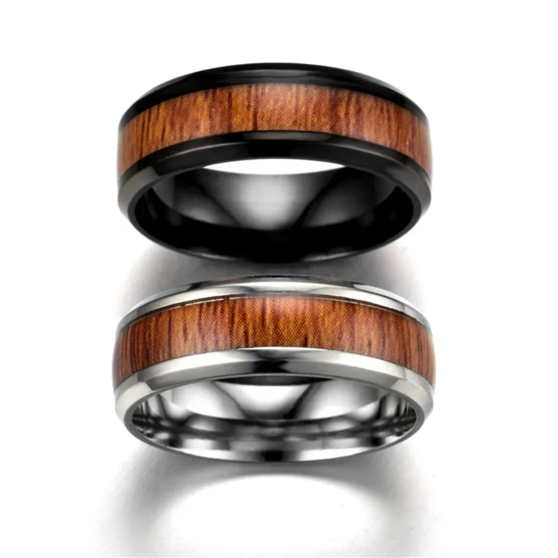 

European and American Stainless Steel Wood Grain Ring European and American Vintage Titanium Steel Ring Male Headwear Wholesale