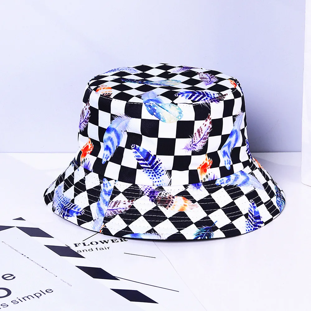 

Fashion Ins Summer Women Plaid Feather Print Fisherman Hat Vintage Print Bucket Hat Retro Hip Hop Beach Cap Gorros Panama