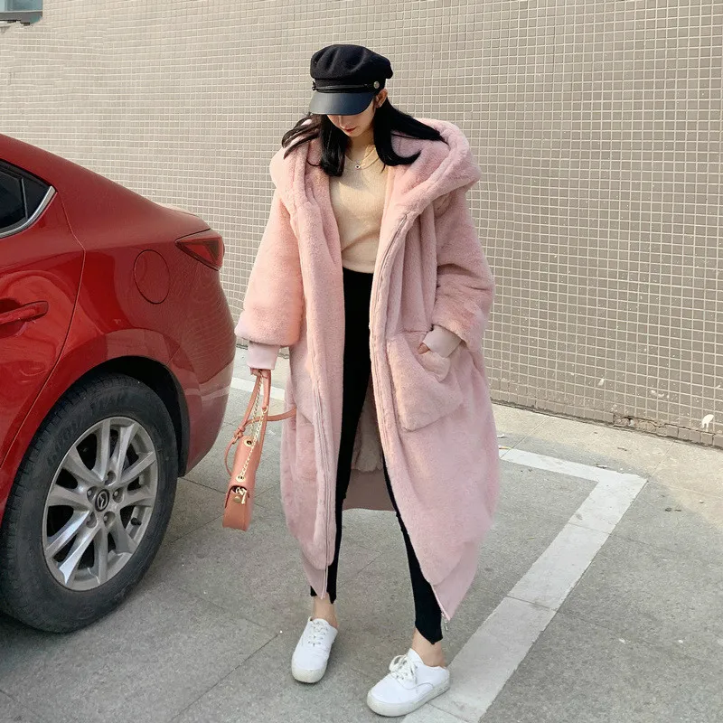 Casual Luxury Long Loose Hooded Mane Fur Jacket Female Thick Warm Plush Outwear Women 2021 Autumn Winter Fashion Faux Fur Coats