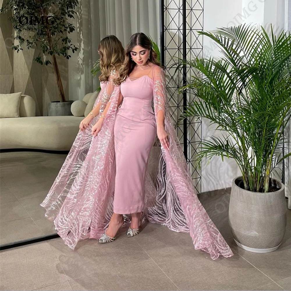 

OIMG Pink Shiny Glitter Evening Dress Long Cape Satin Off Shoulder Pleats Sweetheart Sheath Front Slit Formal Party Prom Gowns