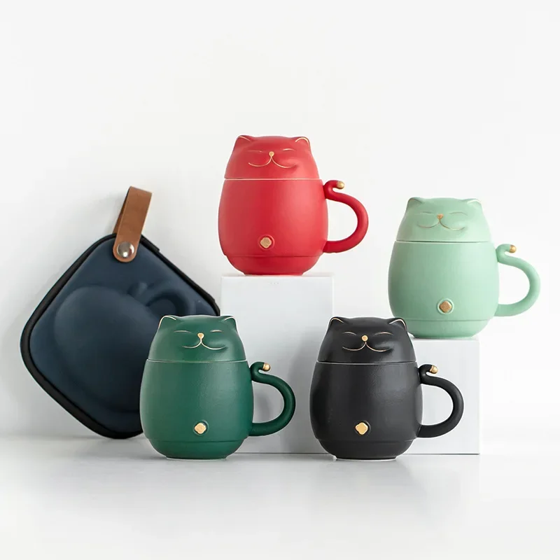 

Tea Mug Lucky Cat Tea Cup Creative Porcelain Cup with Lid Office Tea Water Separation Filter Water Cup Teacup Mug