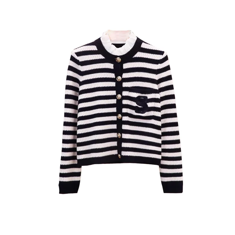 

San**o Letter S Embroidered Striped Knit Cardigan Fake Two Chiffon Crew-neck Sweater Coats with Folded Edges French Women's Wear