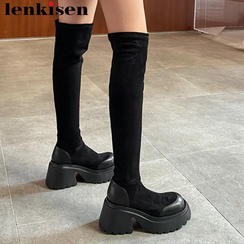

Lenkisen Flock Round Toe Thick High Heels Stretch Long Boots Cool Thick Bottom Nightclub Streetwear Slip on Over-the-kneed Boots