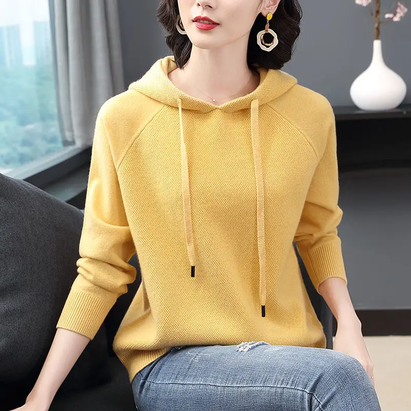 

2022 New Autumn Winter Hooded Women Sweater Tops Korean Loose Pullover Knitwear Solid Color Casual Female Short Sweater Coat S11