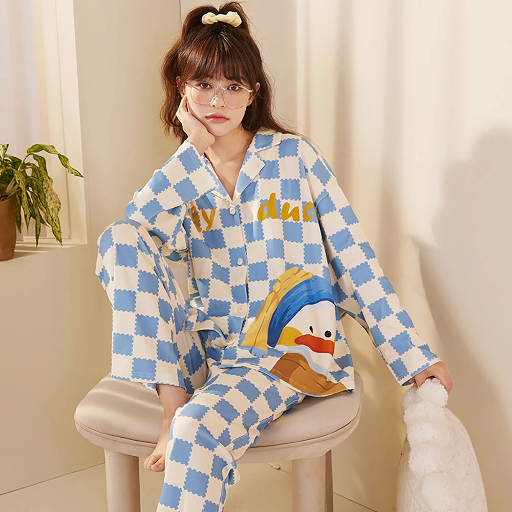 

Autumn Fashion Plaid Cartoon Pajamas for Women 100% Cotton Soft Women's Sleepwear Casual Breathable Pajama Sets pijama mujer