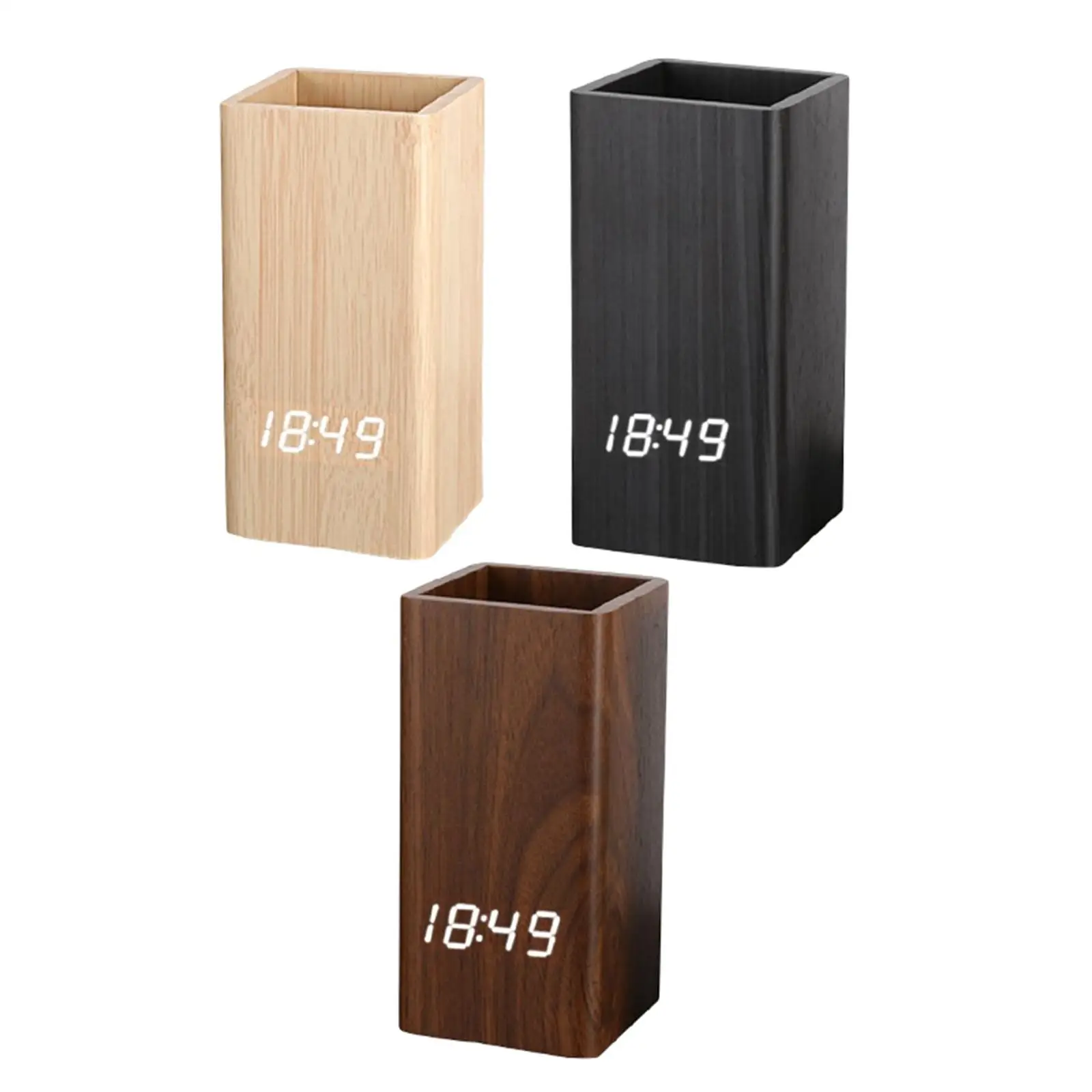 

Pen Holder Digital Alarm Clock Voice Control LED Time Temperature Date Display Pencil Holder for Office Home Bedroom Desktop