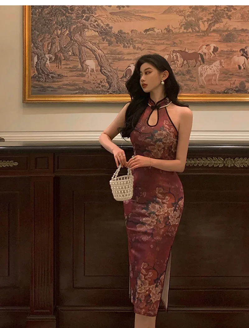 Женское платье-ципао без рукавов элегантное винно-красное платье-футляр в