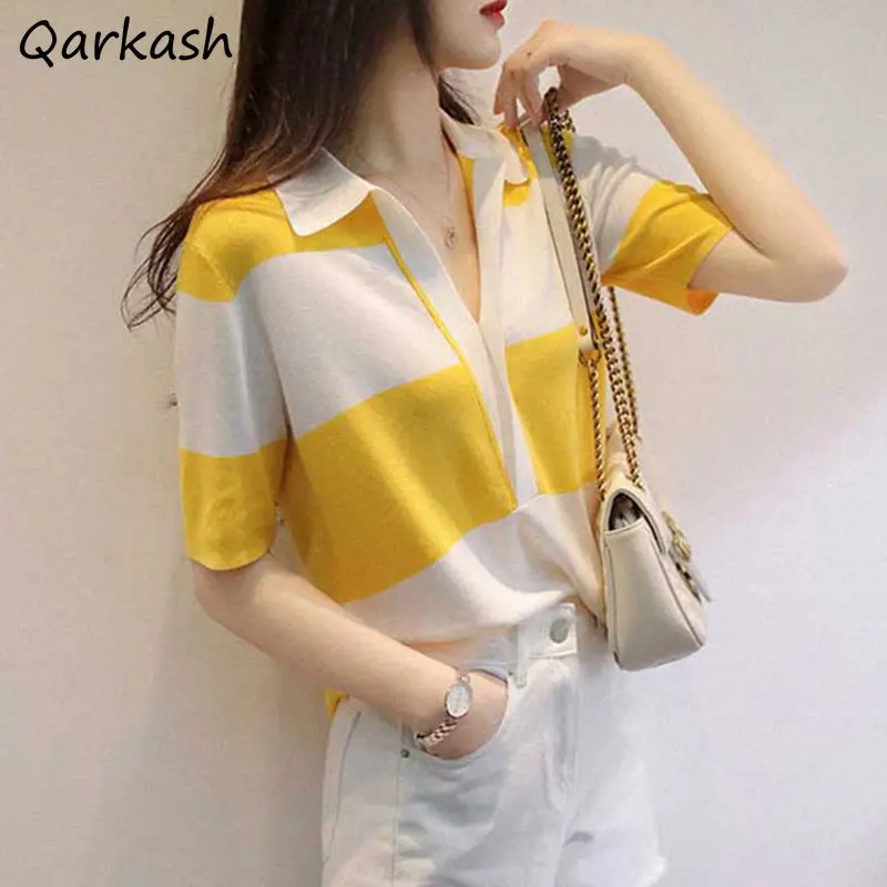 

Knitted Short Sleeve T-shirts Women Striped Casual Females Korean Style Trendy New Arrival Temperament Panelled Футболка Женский