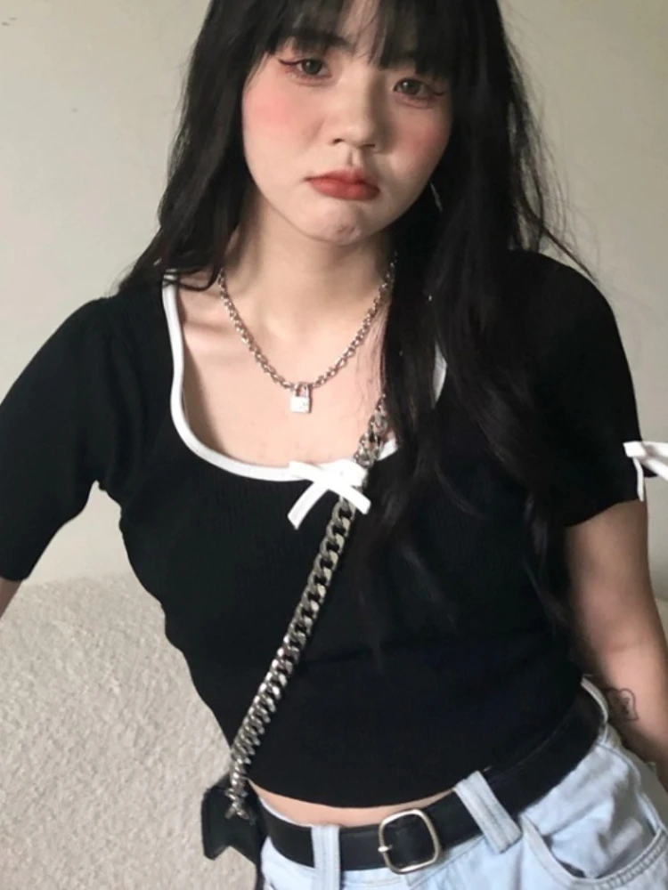 Футболка с коротким рукавом и бантом в стиле Харадзюку |