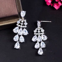 threegraces sparkling cubic zirconia water drop tassel dangle earrings for women fashion boho summer wedding party jewelry er872