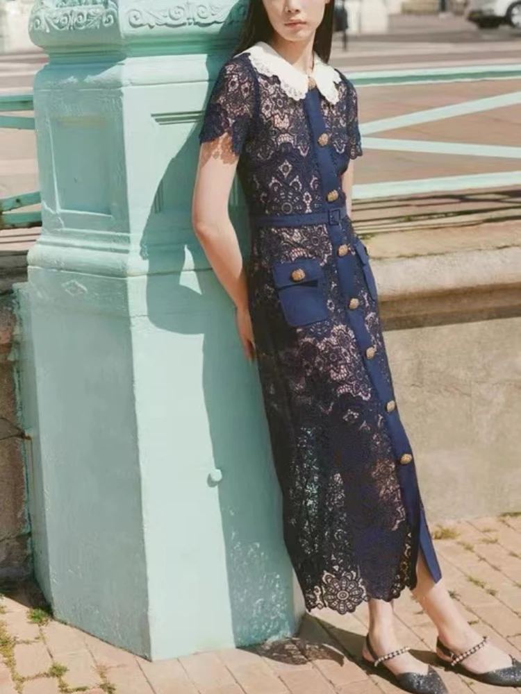 

SelfP*** Summer Women 2-piece Dress Peter Pan Collar Petall Sleeves Casual Midi Hook Flower Hollow Long Dresses Party Vestidos