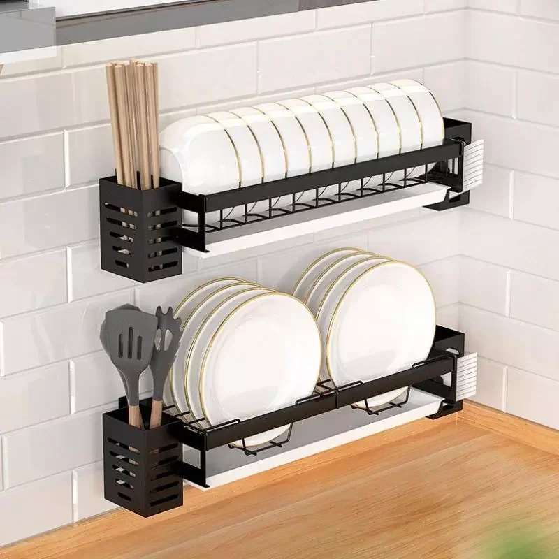 

Stainless Steel Wall Mounted Dish Drainer Drying Rack Bowl Plate Storage with Tray Kitchen Organizer Chopstick Holder Hanging
