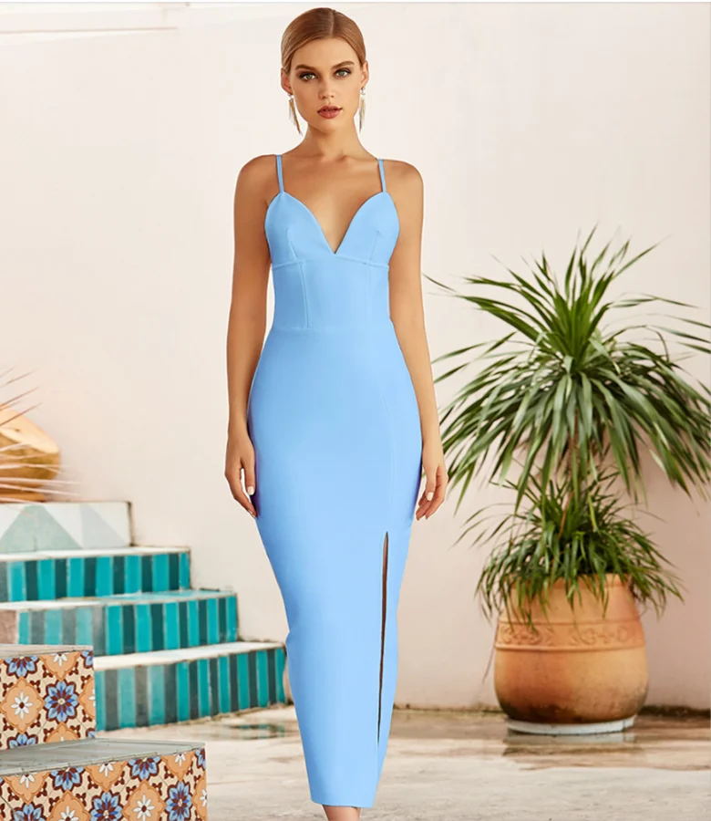 

2023 Women Summer Elegant Sexy V Neck Spaghetti Strap Club Celebrity Runway Party Robe Sky Blue Female Bodycon Sheath Dress Ves