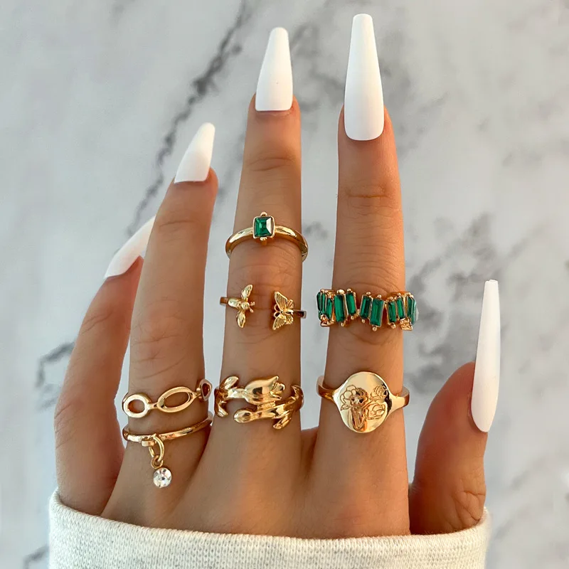 

Boho Butterfly Rings Set for Women Green Zircon Rings Gold Color Ring 2022 Trend Flower Y2k Anillos Korean Fashion Jewelry