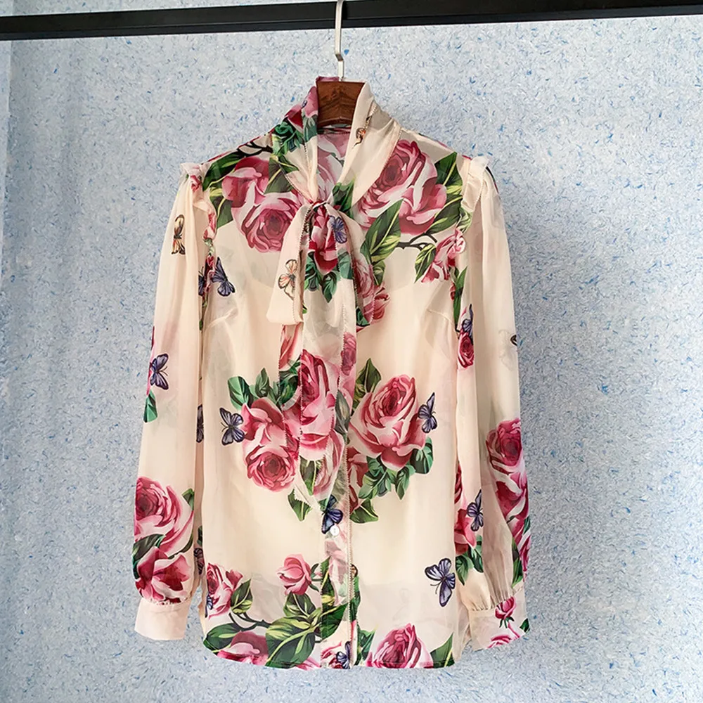2022 Spring Summer France Style Women's Flroal Print Bowtie Chiffon Shirts C750