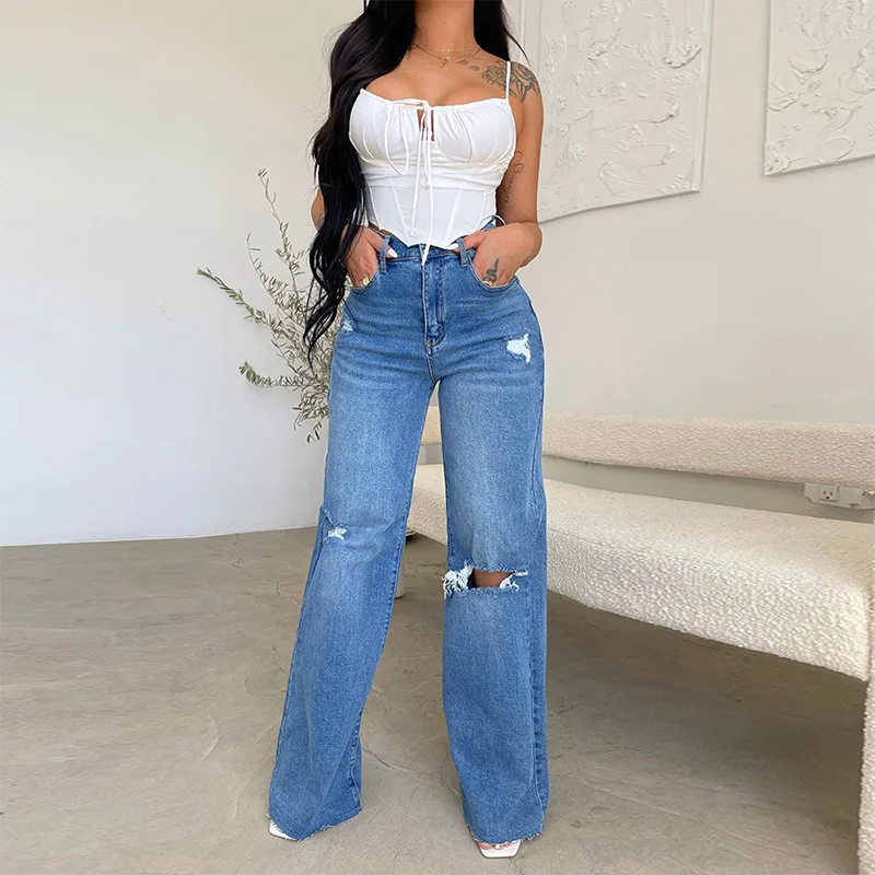 

Factory Direct Sale Women's Jeans Long High Waist Ripped Raw Edge Hot Sale Style Comfortable Wide Leg Pants