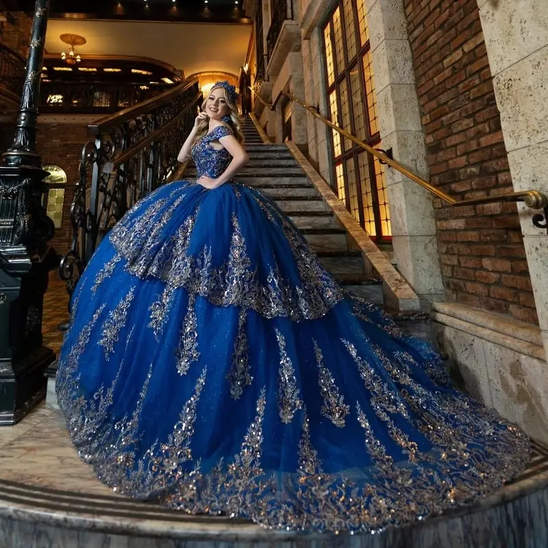 Роскошные королевские синие платья Quinceanera для 16 кружевные аппликации с бисером