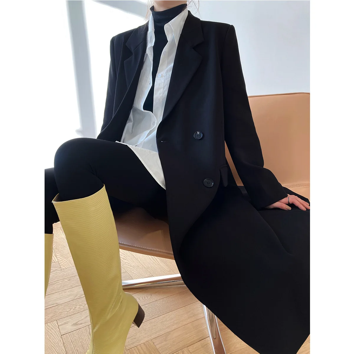 Suit Jacket Women's Mid Length Blazers Notched Single Breasted Office Lady Fashion Coats Korean Style 2023 Spring Black Khaki