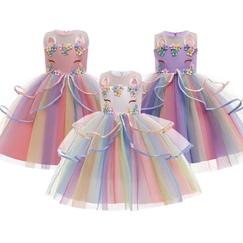 

3 цвета, модное платье с цветами и единорогом, платье принцессы на день рождения для девочек, Детский карнавальный костюм, детская одежда