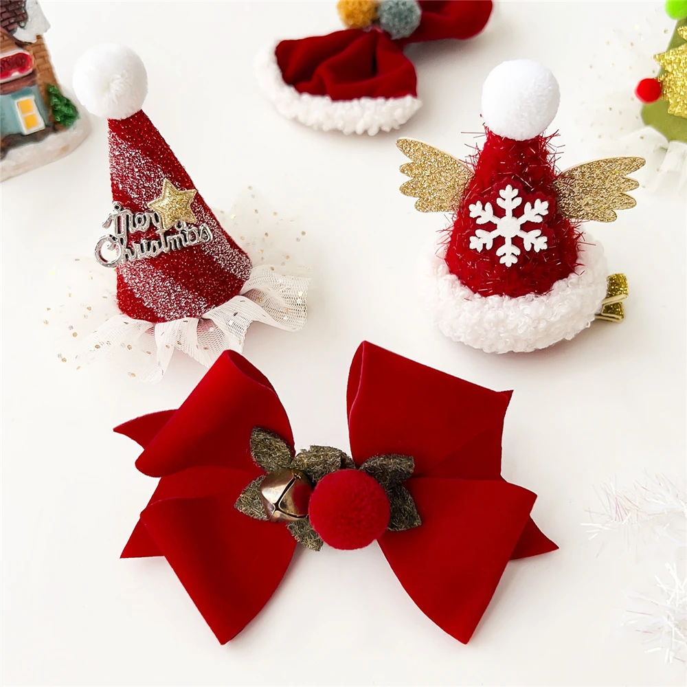 Christmas Festival Bow Hairpin Cute Fabric Hat Side Clip Bangs Hair Accessory Hairpin，Christmas hair clip |