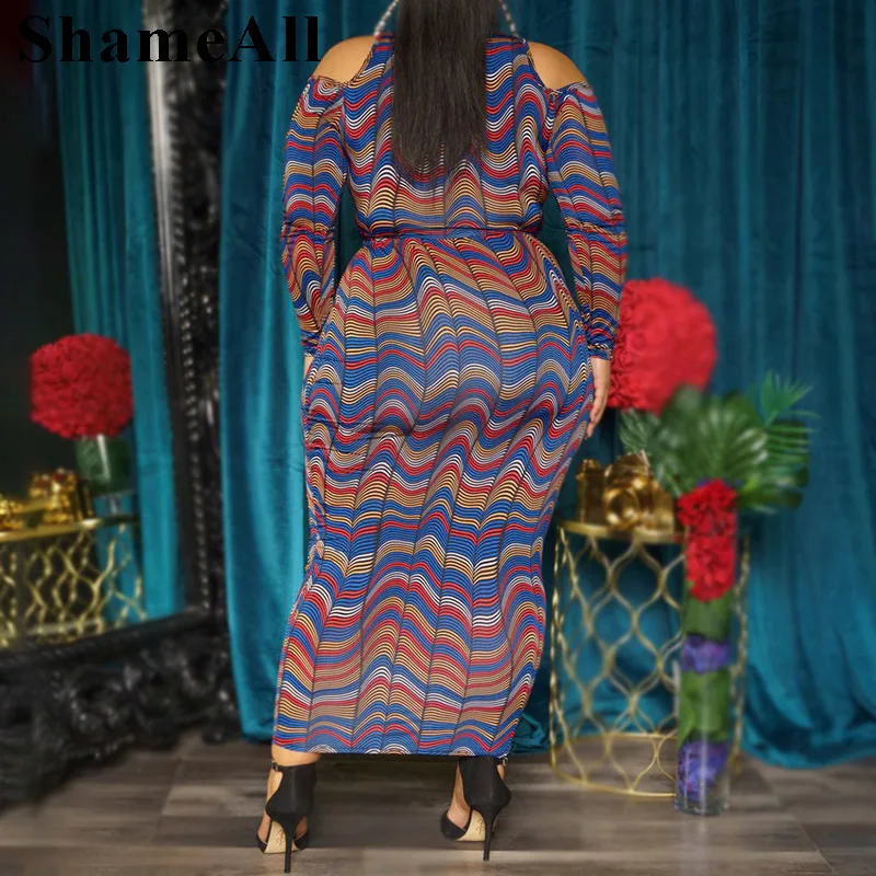 Plus Size Cropped Top Skirt 2 Piece Set 4XL Striped Print Cold Shoulder Long Sleeve Hip Package Bodycon Skirts Sexy Women Suits