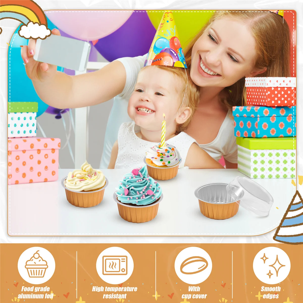 Десертные чашки с крышками 50 упаковок Золотая алюминиевая фольга для выпечки