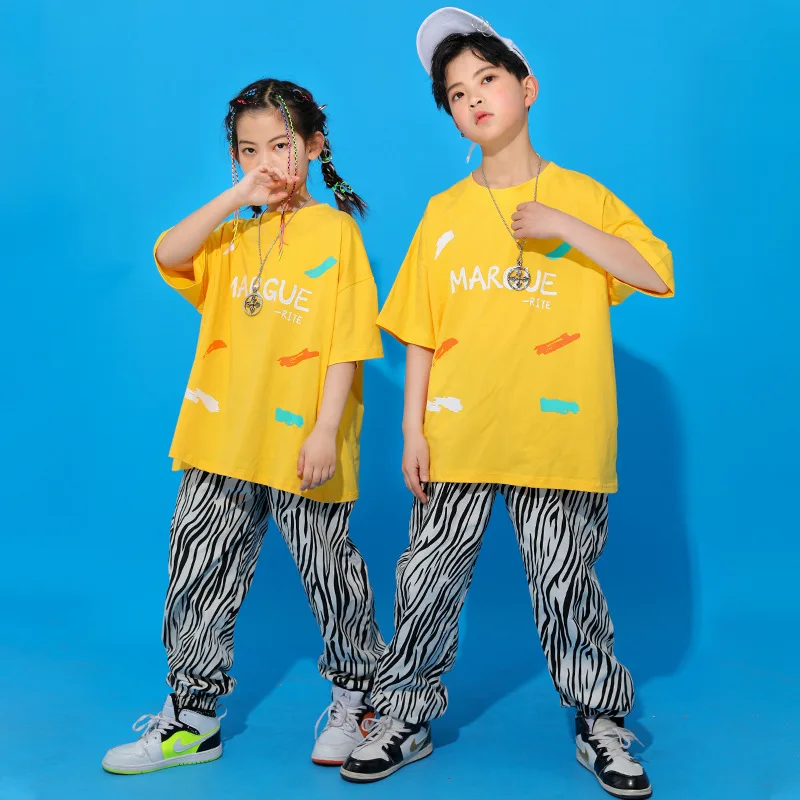

Kids Cool Fashion Ballroom Hip Hop dancing Outfits Tshirt zebra pants Jazz Dance Wear Costumes Clothes For Boys Girls