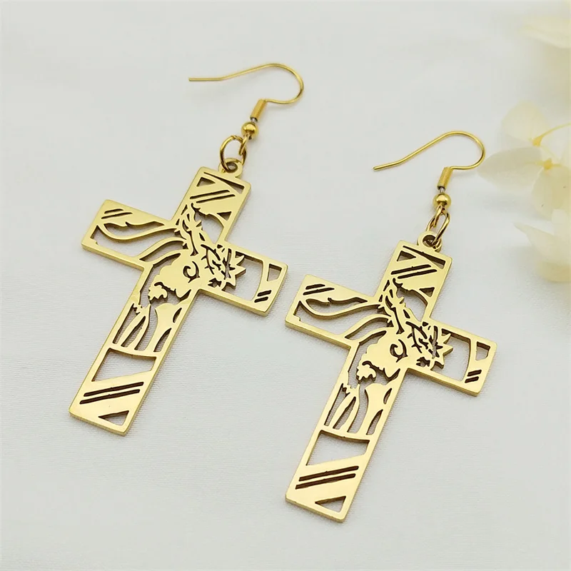 Женские серьги-подвески в виде креста с распятием из нержавеющей стали
