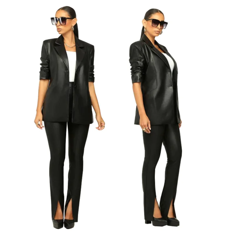 Autumn and winter 2022 new solid color, senior slim, high-end leather V-neck design, split Slim-fit pants suit for women