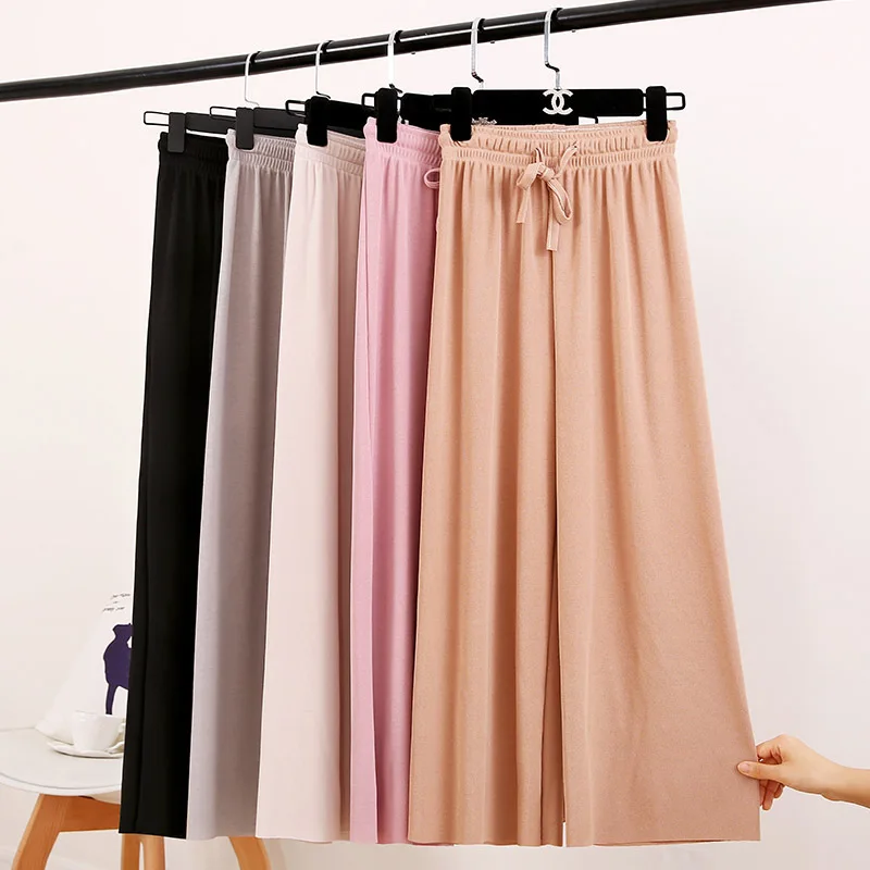 

Spring and Summer Women's Plus Size Ice Silk Wide-Leg Pants Girls Basic Color High Waist Elastic Loose Straight Casual Pants