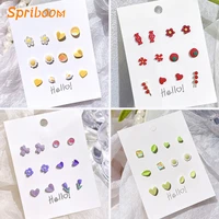 6 pairsset mini flower stud earrings sets cute small bear animal earring heart colorful candy sweet earings jewelry for women