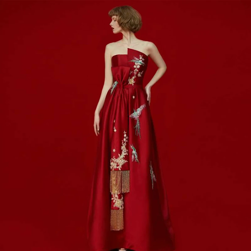 Toast Dress Bride Red Tube Top Engagement Dress Satin High-End Affordable Luxury Niche High-Grade Wedding Dress for Women