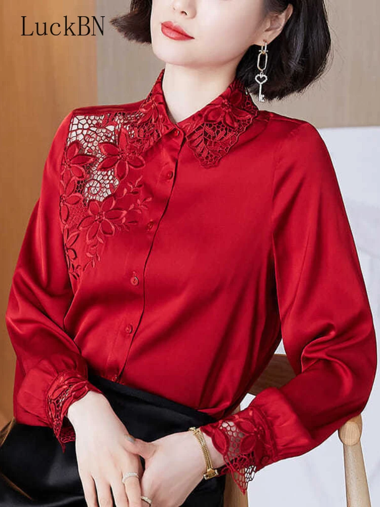 

Red Satin Imitation Silk Shirt Women's Spring Imitation Mulberry Silk Embroidery Hollowed-out Slim-fit Fashion Long-sleeved Top