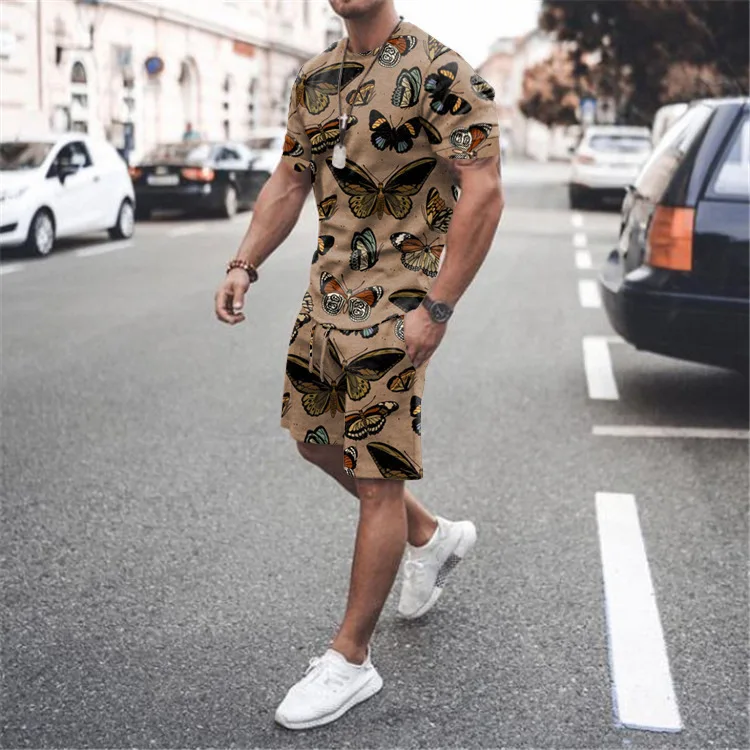 New Summer Fashion Men's 2 Piece Set Tracksuits Casual Short Sleeves T-shirt+Shorts Sportwear Oversized Male Clothes Set