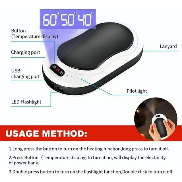 Winter 4 IN 1 Double-Side Heating USB Rechargeable Massager 10000mAh Power Bank Hand Warmer LED Flashlight 2